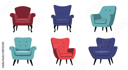 Set of six colorful armchairs in various retro and modern styles for illustrating different interior design furniture choices.