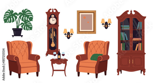 Set of classic vintage living room furniture including armchairs a grandfather clock and a bookcase in a warm brown color.