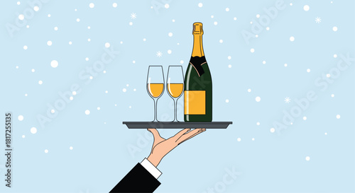 Waiter's hand holding a tray with a bottle of champagne and two glasses against a snowy blue winter celebration background.
