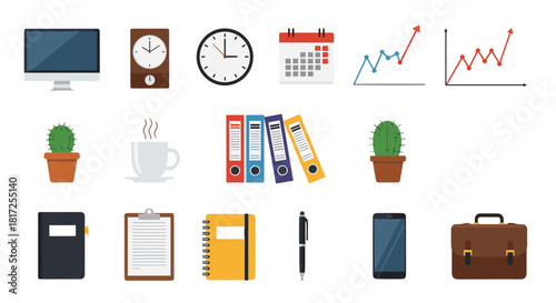 Collection of essential office and business items including a computer calendar folders and a coffee cup in a flat design.