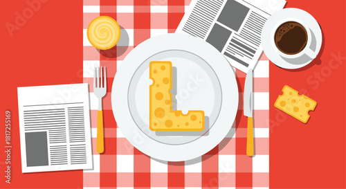 Top-down view of a breakfast table setting with the letter L made of cheese on a plate and coffee on a red tablecloth.