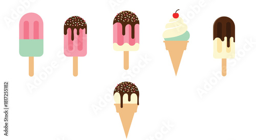Set of six delicious and colorful ice cream bars and cones with chocolate topping and sprinkles for a sweet summer treat.