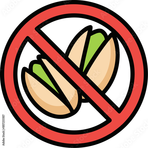 Pistachio nuts crossed with a red prohibition sign on a transparent background highlighting food allergy awareness and restrictions related to edible items for safety.
