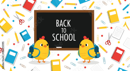 Back to school themed background with two cute chicks wearing backpacks in front of a chalkboard and scattered school supplies.
