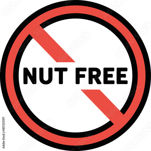 Nut Free Sign Symbol for Allergy Awareness with Red Circle and Slash Over Text on a Transparent Background