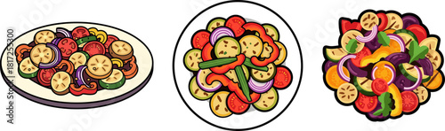 Three colorful salad dishes presented on different plates featuring various fresh vegetables in a creative arrangement isolated on a transparent background