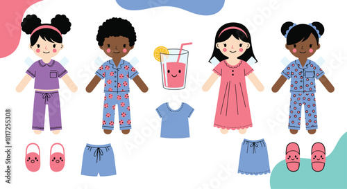 Adorable paper doll set with diverse characters in pajamas ready for a sleepover party with extra clothes and accessories.