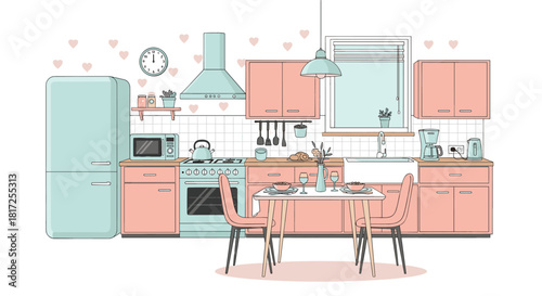Modern and cozy kitchen interior illustration with pink cabinets a dining table and various appliances in a clean line art style.