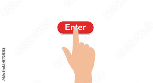 A human hand with a pointing finger is about to press a red enter button to submit information or confirm an action online.