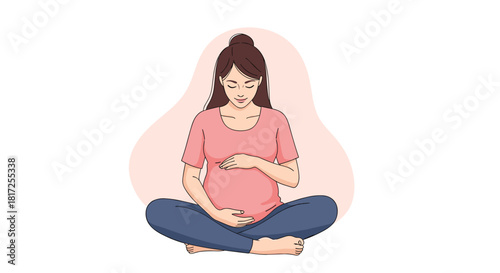 Beautiful pregnant woman sitting cross-legged and gently holding her belly with a look of calm and maternal love on her face.