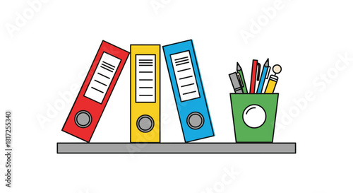 Colorful office folders and a pen holder sitting on a shelf representing organization and tidy paperwork in the workplace.