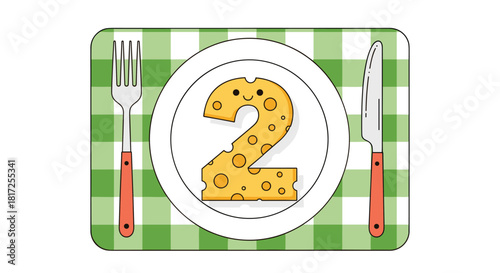 Cute number two made of cheese on a plate with a fork and knife set on a green checkered tablecloth for kids learning.
