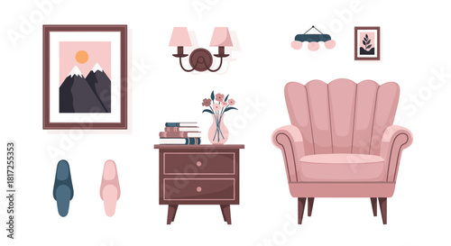 Cozy living room interior set with a pink armchair nightstand wall art and other decorative elements for a chic home design.