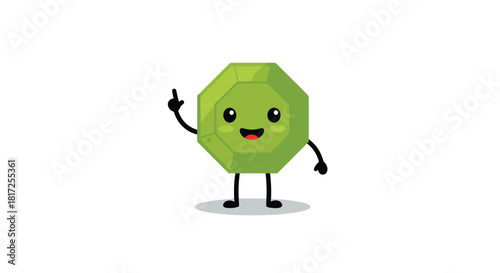 Cute and happy green gemstone character with a smiling face pointing upwards with an idea on a clean white background.