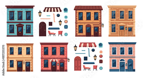 Set of colorful European-style city buildings and architectural elements for creating custom street scenes and town facades.