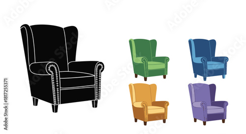 Classic wingback armchair shown as a black silhouette and in four different color variations for interior design concepts.