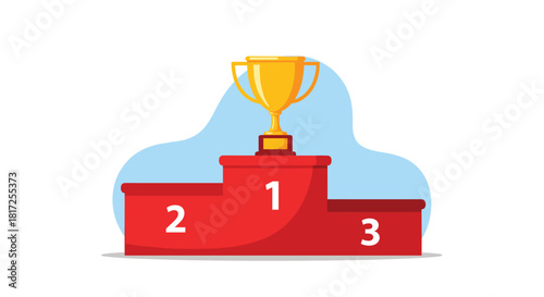 Golden trophy cup sitting on the first-place spot of a red winners podium representing success and achievement in competition.