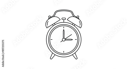 Simple black and white line art icon of a classic twin bell alarm clock perfect for web design and time-related concepts.