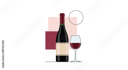 Modern and minimalist illustration of a bottle of red wine and a full glass set against abstract geometric shapes for design.