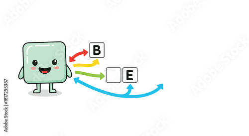 Cute green character pointing to a word puzzle game where the missing letter needs to be found to complete the word 'BE'.