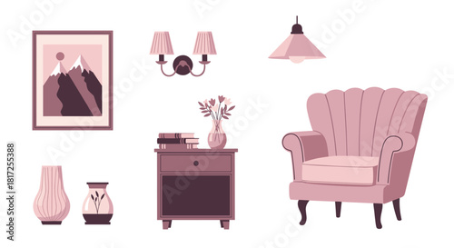 Stylish collection of pink and maroon living room furniture and home decor items isolated on a clean white background for interior design.