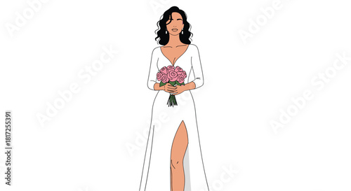 Beautiful brunette bride with wavy hair stands in a modern white wedding dress with a thigh-high slit holding a bouquet of pink roses.