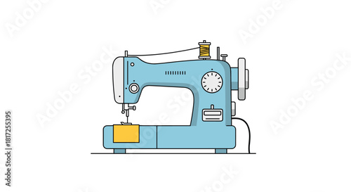 A modern blue electric sewing machine with yellow thread and fabric illustrated in a clean and simple flat line art style.