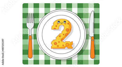 Cute cartoon number two made of cheese with a face served on a plate for a fun and educational children's meal concept.