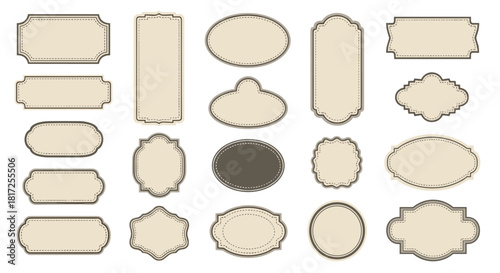 A large collection of vintage blank labels and frames in various shapes and sizes with stitched borders perfect for product branding.