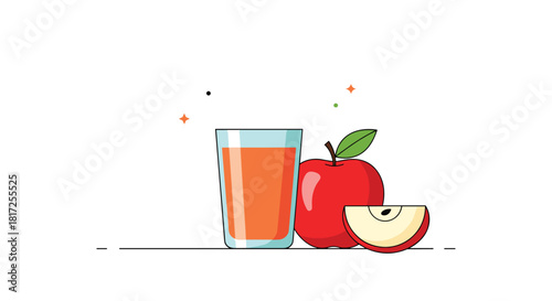 A refreshing glass of apple juice is shown alongside a whole red apple and a slice in a clean and modern flat line art illustration.