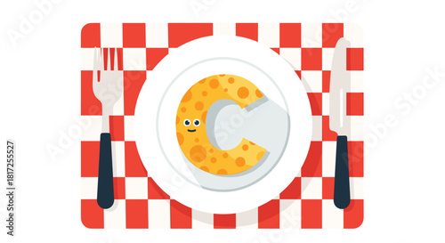 A cute and cheesy cartoon letter C with a happy face is served on a white plate with a fork and knife on a red checkered tablecloth.