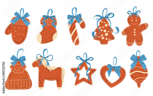 Cute set Christmas gingerbread cookie. Festive sweets food. Christmas tree decorations. Gingerbreads with bows.