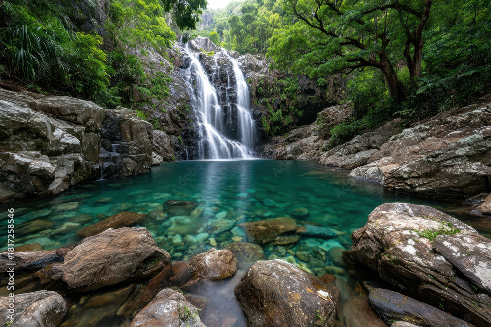 Fototapeta premium Tranquil Waterfall Cascading into a Clear Pool