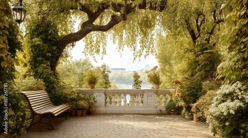 Fototapeta Naklejka Na Ścianę i Meble -  Peaceful terrace with wooden bench and lush green garden.