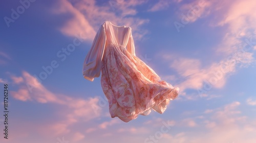 Floating floral dress against pastel sky with clouds.
