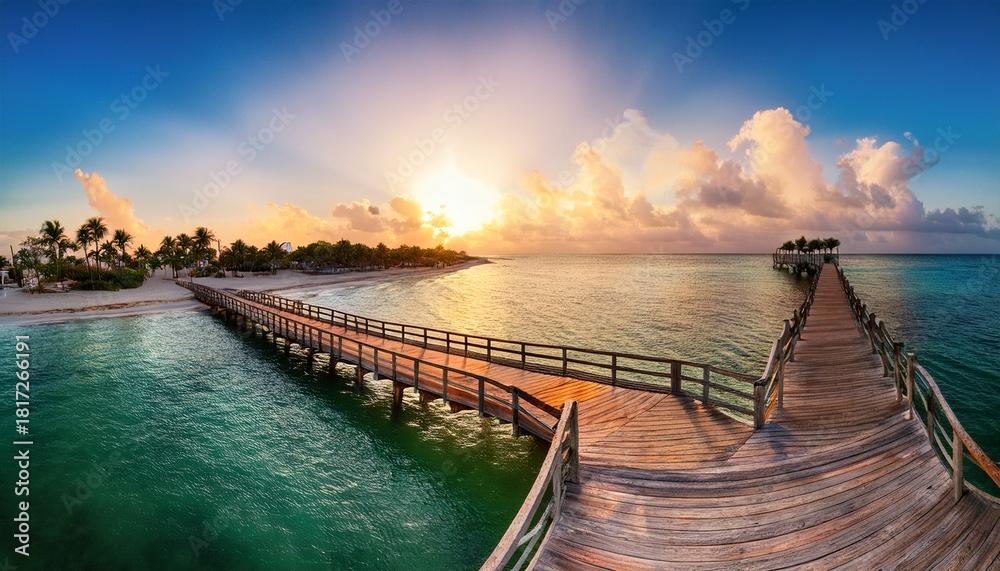 Fototapeta premium Panorama View Of Footbridge To The Smathers Beach At Sunrise Key West Florida