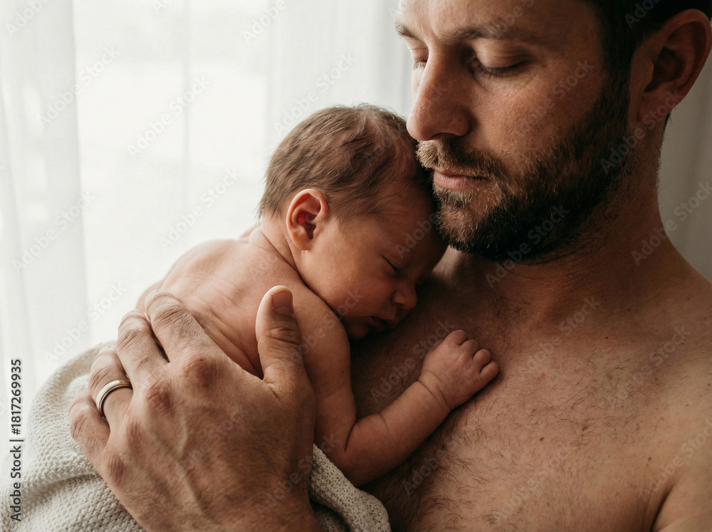 Fototapeta premium Father holding newborn baby skin to skin bonding with copy space