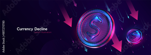 Financial Crisis, Dollar Fall Down. USD Inflation. Falling Currency Symbol With Neon Arrows Showing Economic Decline And Market Drop In Futuristic Style. Dynamic Finance Concept. Vector Illustration.