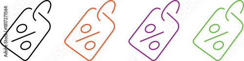Vector collection of hand-drawn percentage discount price tags in black, orange, purple, green.