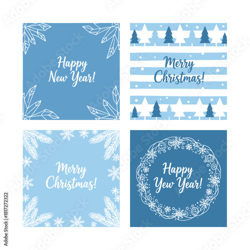 Blue square greeting cards with Merry Christmas and Happy New Year, crafted as a social media post template featuring a hand‑drawn festive sinter background, botanical sketches, and an engraving