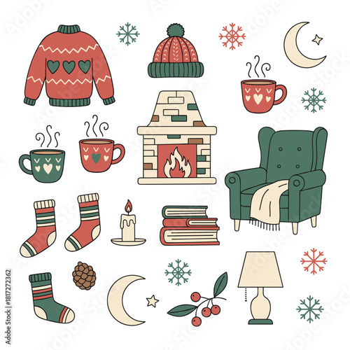 A hand-drawn vector illustration that includes a collection of snug winter doodles, displaying a cozy sweater, a crackling fireplace, and assorted holiday-themed items ideal for crafting a