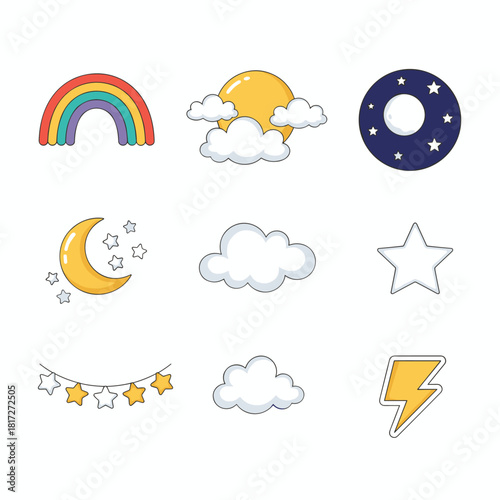 Cartoon 3D weather elements: sun, moon, stars, rainbow, and fluffy clouds rendered in a plasticine style with nature-inspired objects, forming a concise vector set for night and morning