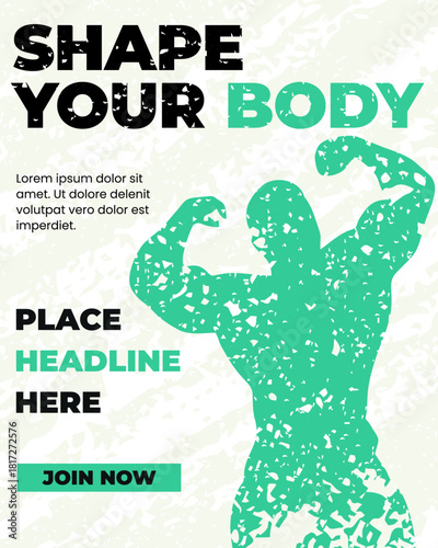Fitness background Vector silhouette of a muscular man with abstract broken grunge effect in turquoise green. Gym poster template, fitness flyer