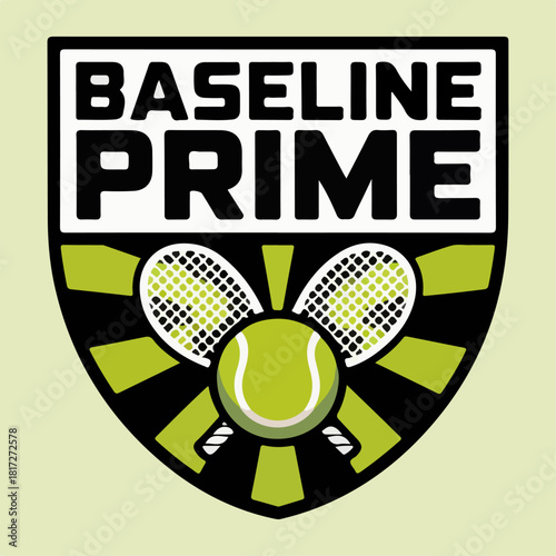 Baseline Prime tennis shield logo with rackets and ball, sunburst rays and bold typography; modern sports team emblem for club branding, apparel, tournaments