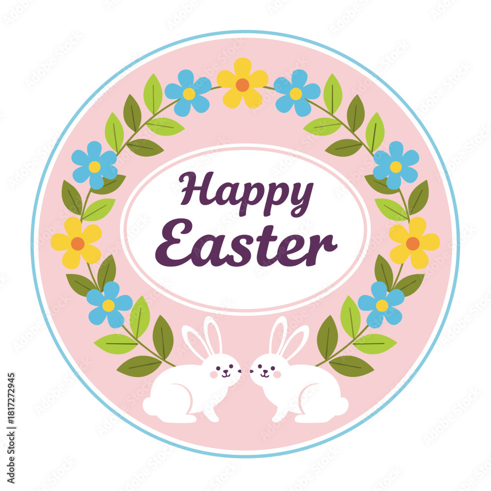 Obraz premium Easter greetings banner, poster, and card featuring a trendy design with typography, bunnies, flowers, eggs, bunny ears, all in pastel hues, presented in a modern minimal style