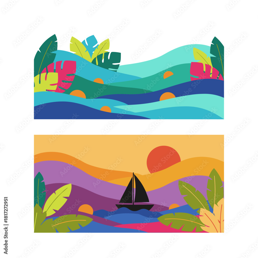 Naklejka premium Bright tropical summer landscape backdrop for posters and banners, showcasing a fun summer concept design for promotion