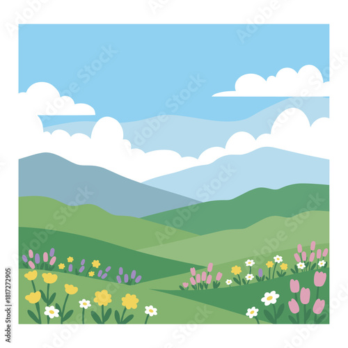 A bright, cheerful watercolor painting of a spring meadow bursting with wildflowers and distant rolling hills