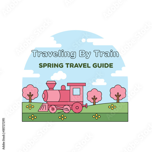 Vector illustration of a spring travel guide depicting a train journey through cherry blossoms and canola fields