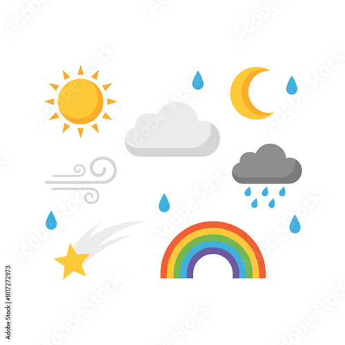 Three-dimensional cartoon weather icons featuring a playful plasticine style with a cute sun, moon, stars, clouds, and rainbow, along with crescent and wind symbols, all rendered as isolated vector