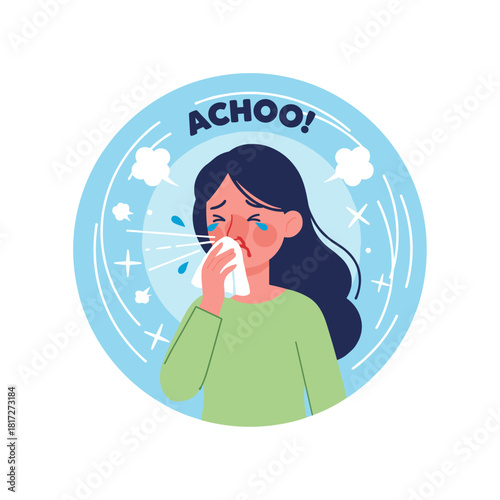 A young woman sneezing while holding a handkerchief, suffering from a runny nose due to flu, cold, or seasonal allergies, depicted as a flat vector illustration on a white background